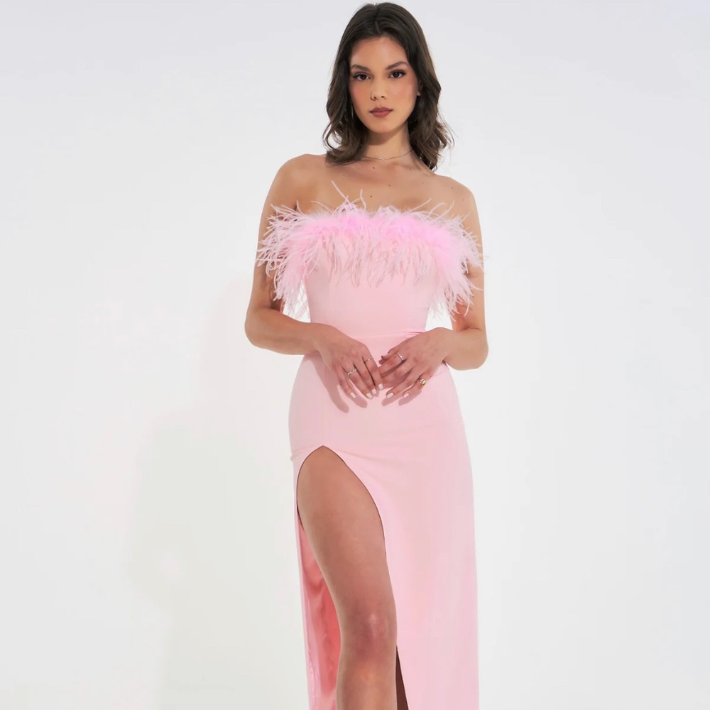 Rachel Pink Feather Maxi High Slit Dress